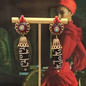 Vintage Estate Signed Asian Crystal Flower Gold Dangle Earrings